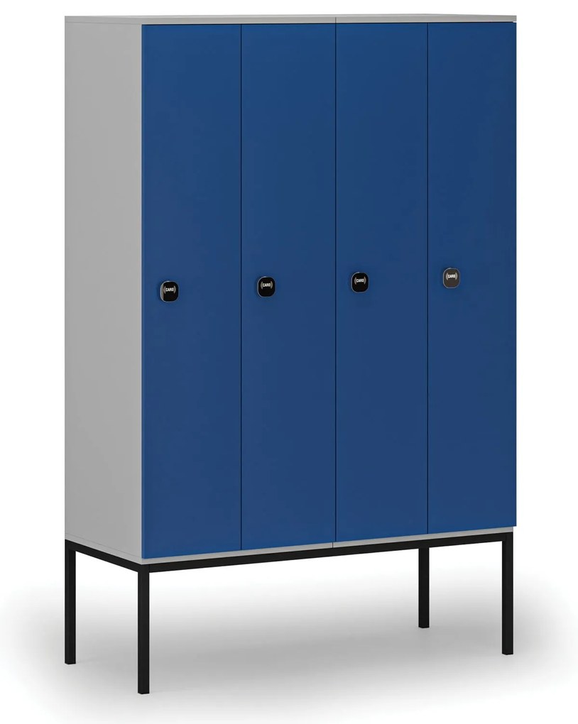 Drevená šatníková skrinka s podnožou, 4 oddiely, 1871 x 1200 x 500 mm, demont, RFID zámok, sivá / modrá