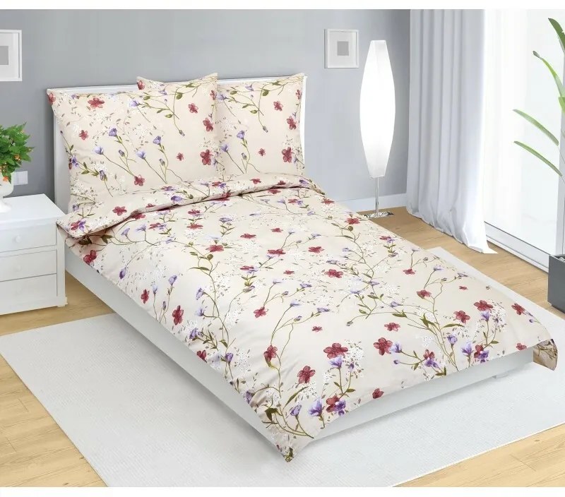 Bellatex Bavlnené obliečky Kvietok béžová, 140 x 200 cm, 70 x 90 cm