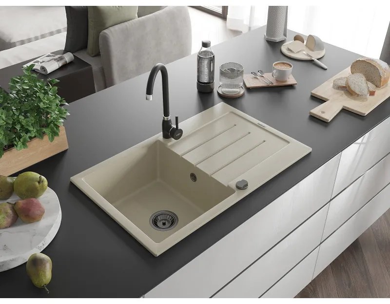 Mexen Bruno, 1-komorový granitový drez s odkvapkávačom 795x495x200 mm a čierna kuchynská batéria Telma, béžová, 6513-69-670200-70