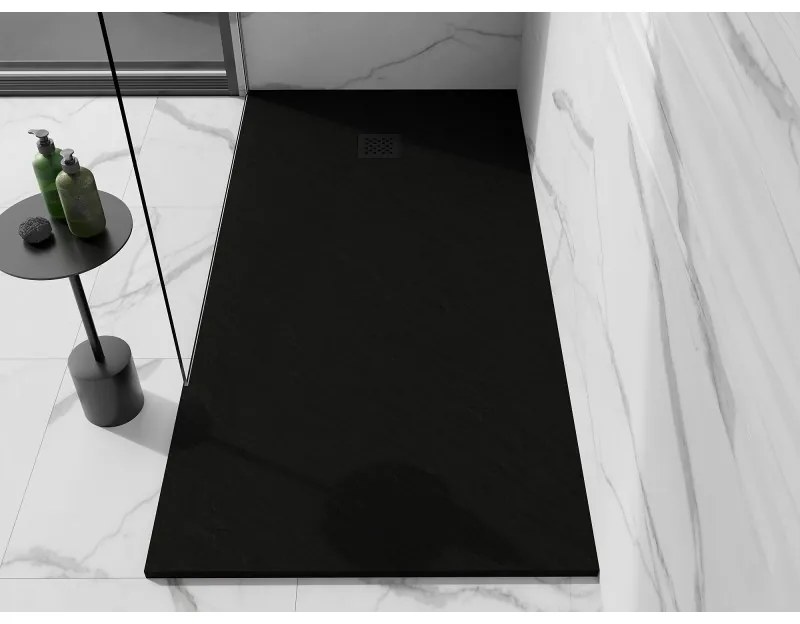 Mexen Stone+, obdĺžniková vanička z minerálneho kompozitu 160 x 90 cm, čierna, čierna krytka, 44709016-B