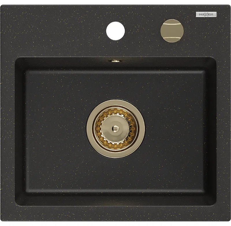 Mexen Milo, granitový drez 435x410x171 mm, 1-komorový, čierna-zlatá metalíza so zlatým sifónom, 6505441000-75-G