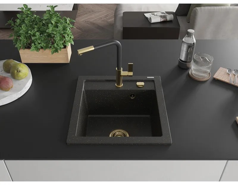 Mexen Vito, 1-komorový granitový drez 490x520x210 mm a drezová batéria Flora, čierna-zlatá metalíza, 6503-75-670401-57-G