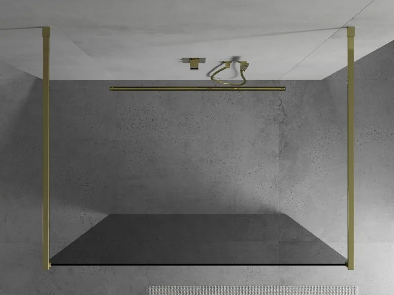 Mexen Kioto, priechodná sprchová zástena 100 x 200 cm, 8mm šedé sklo, 2x zlatá stabilizačná rozpera, 800-100-002-50-40