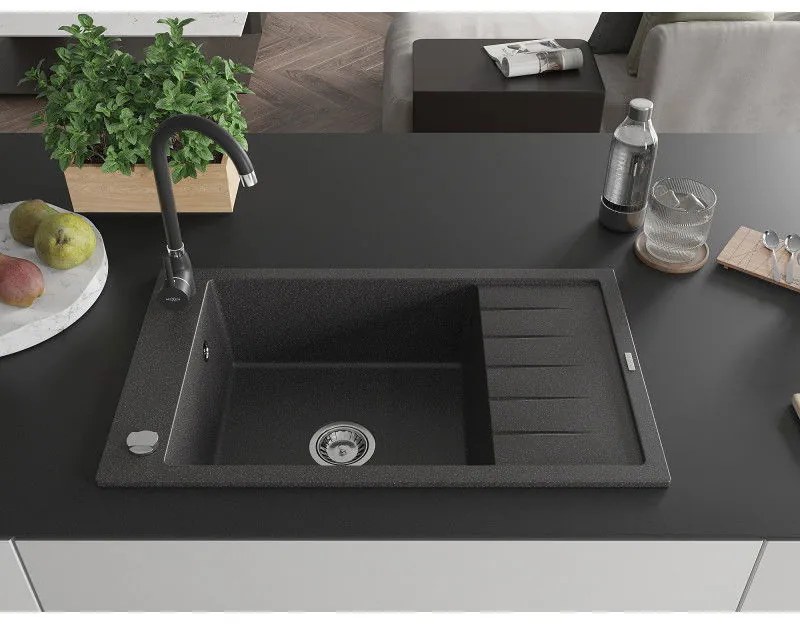Mexen Elias, 1-komorový granitový drez s odkvapkávačom 795x480x200 mm a čierna kuchynská batéria Telma, čierna škvrnitá, 6511-76-670200-70