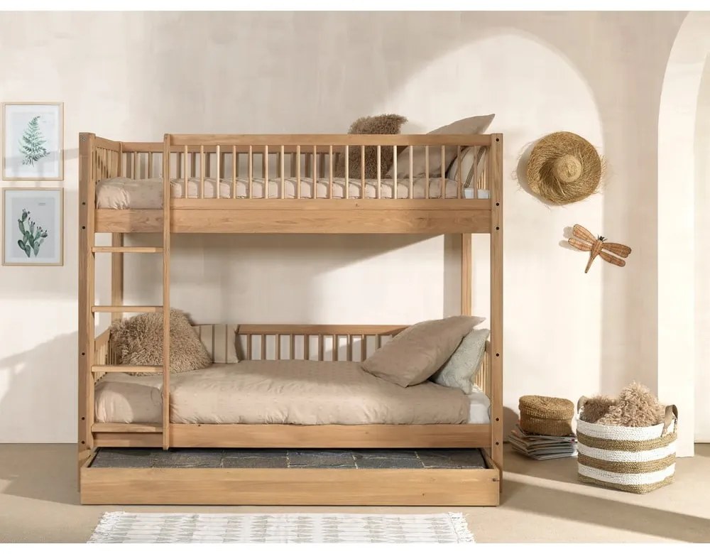 Poschodová detská posteľ z dubového dreva v prírodnej farbe s výsuvným lôžkom a úložným priestorom 90x200 cm Forrest – Vipack