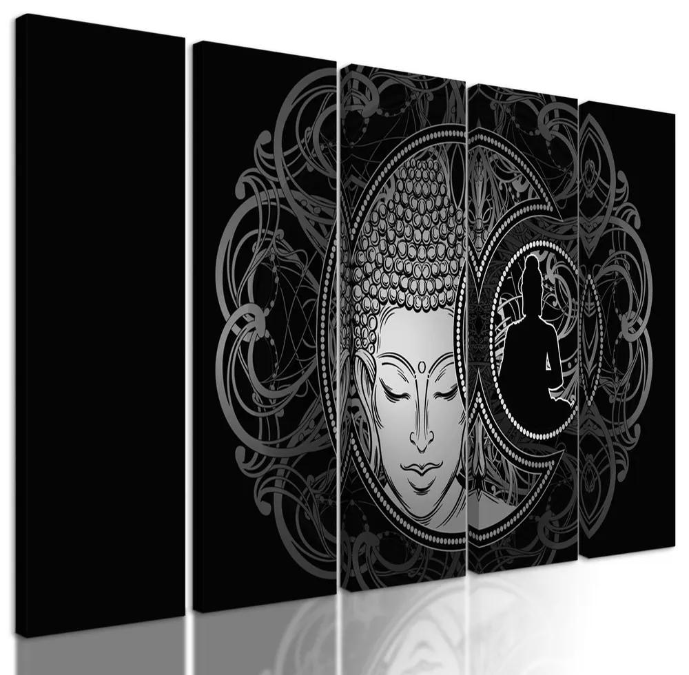 5-dielny obraz vyrovnaný Budha v čiernobielom prevedení