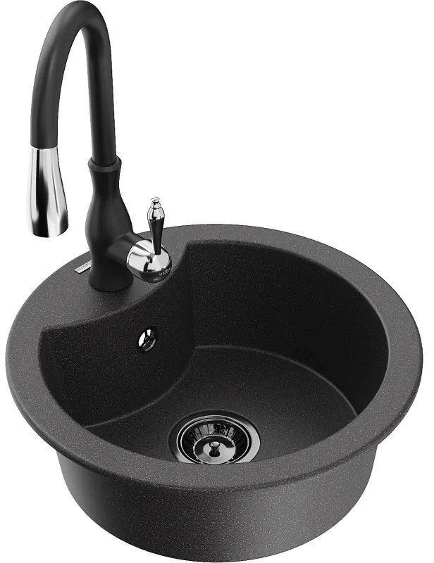 Mexen Diego, 1-komorový granitový drez 488x488x167 mm a drezová batéria Savita, čierna škvrtnitá, 6512-76-672601-70-B