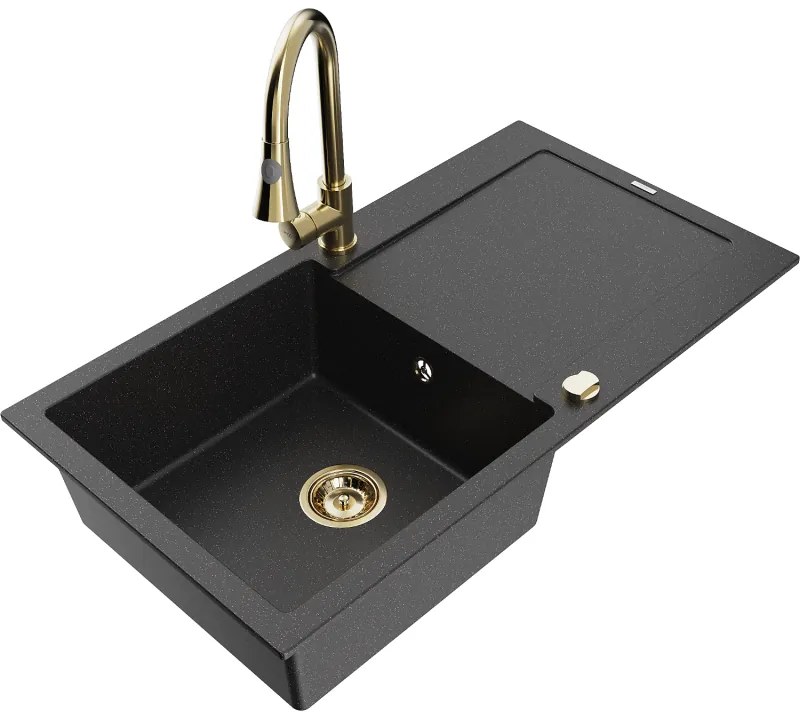 Mexen Leo, 1-komorový granitový drez 900x500x190 mm a drezová batéria Elia, čierna-strieborná metalíza, 6501-73-670101-50