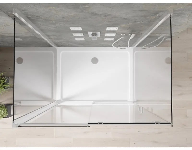Mexen Omega, 3-stenový sprchovací kút s posuvnými dverami 120 (dvere) x 100 (stena) x 190 cm, 8mm číre sklo, chrómový profil + biela sprchová vanička SLIM, 825-120-100-01-00-3S-4010