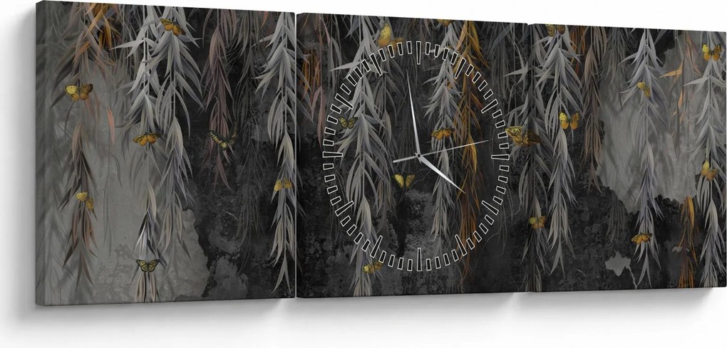 Obraz - Vŕbové vetvičky v čiernom pozadí (s hodinami) (90x30 cm)