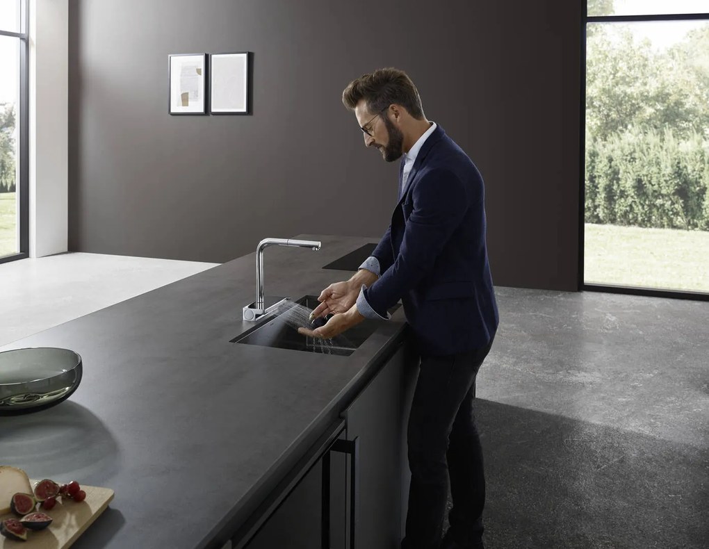 Hansgrohe M81, drezová batéria Aquno Select s výsuvnou koncovkou a plochým sprchovým prúdom, sBox, chrómová, HAN-73830000