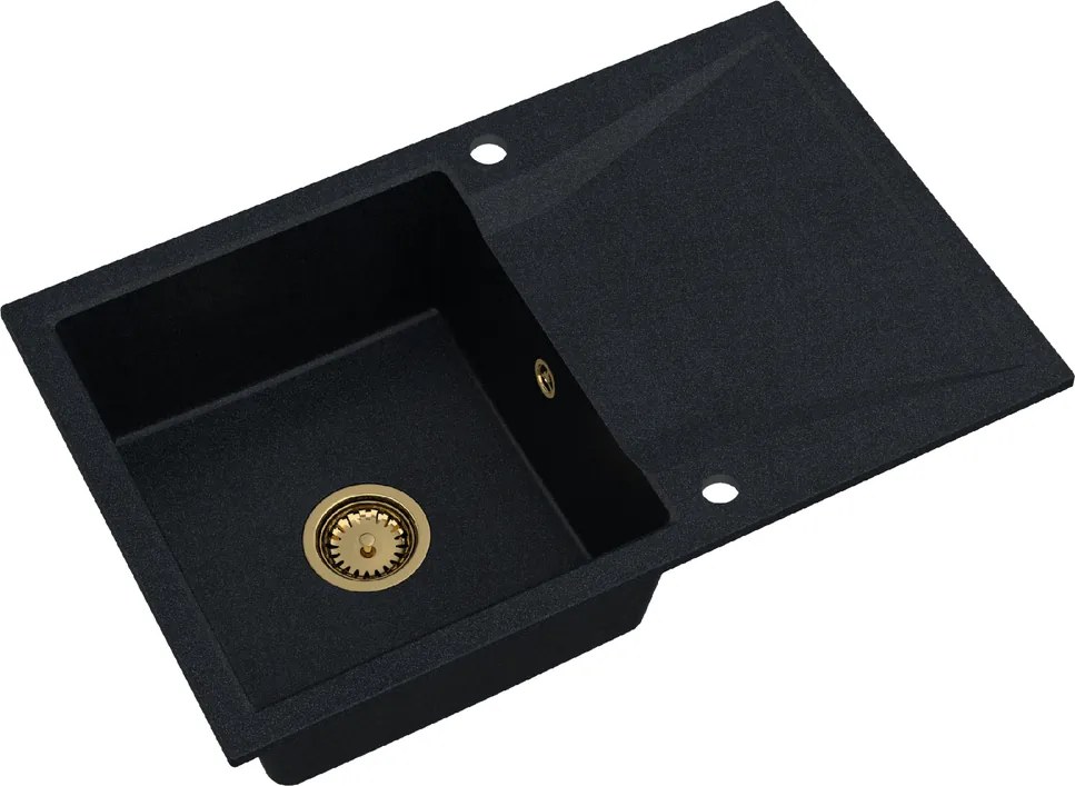 Sink Quality Obsidian, kuchynský granitový drez 790x500x210 mm + zlatý sifón, čierna škvrnitá-Brocade, SKQ-OBS.B.1KDO.XG