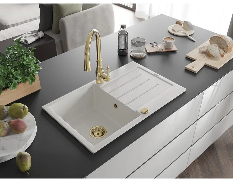 Mexen Bruno, 1-komorový granitový drez 795x495x200 mm a drezová batéria Savita, biela, 6513-20-672601-50