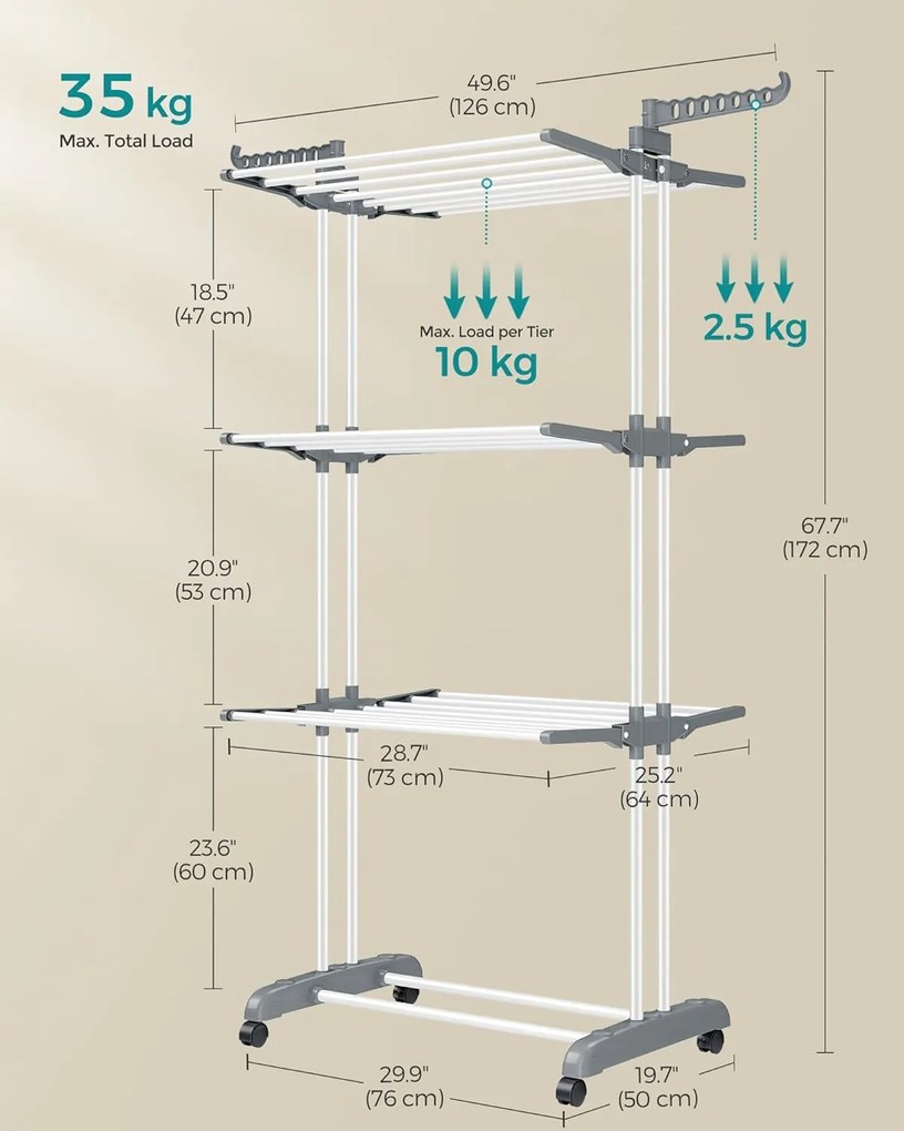 SONGMICS Veľký sušič na prádlo, 64 x 126 x 172 cm, biely