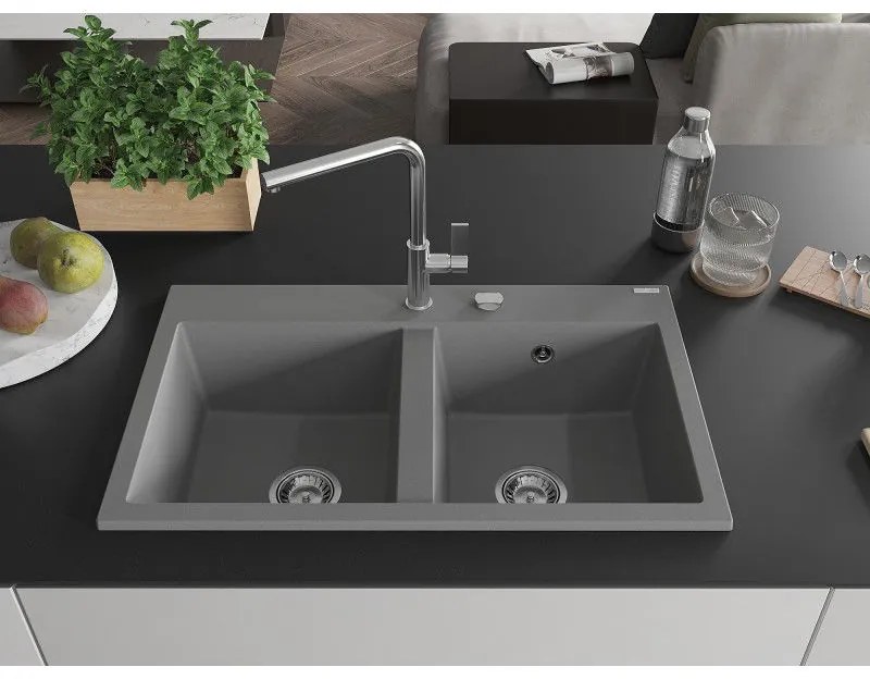 Mexen Hektor, 2-komorový granitový drez 800x480x205 mm, šedá, chrómový sifón, 6521802000-71