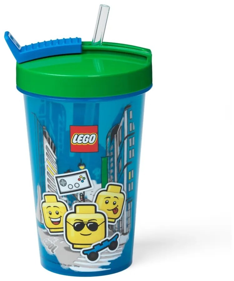 Modrý téglik so zeleným vekom a slamkou LEGO® Iconic, 500 ml