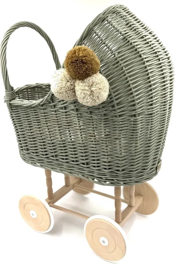 Prútený vysoký kočík pre bábiky olivová