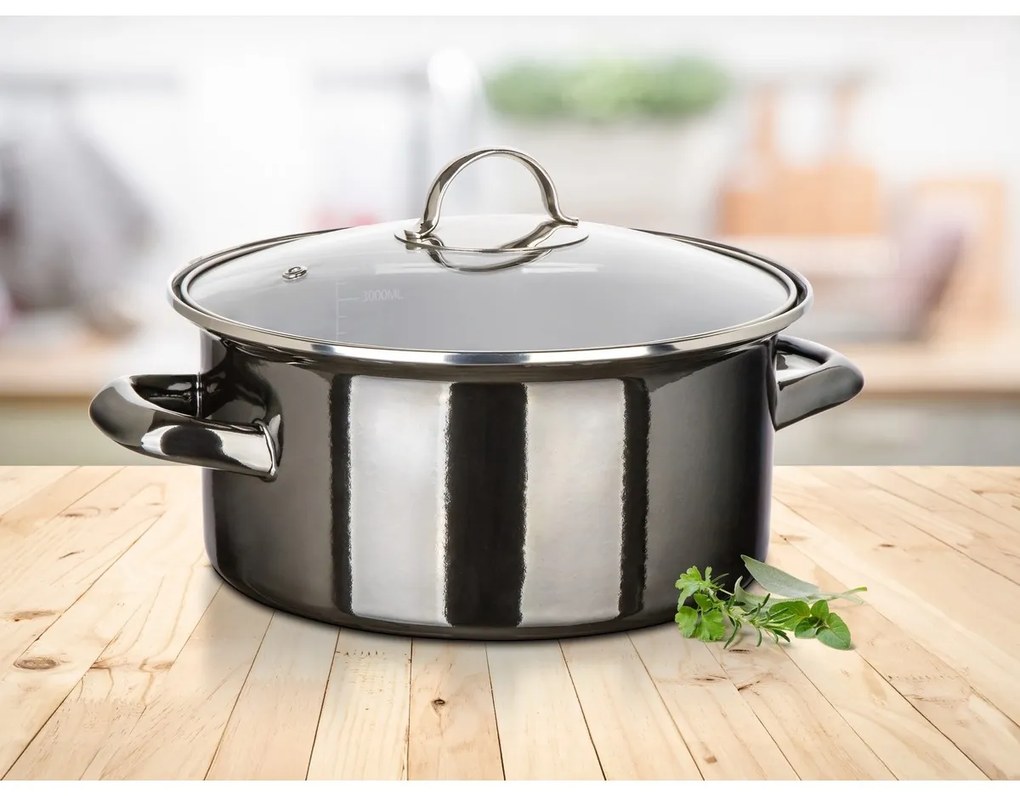 Banquet Hrniec smaltovaný METALLIC Black 22 cm, 3,75 l, s pokrievkou, 22 cm