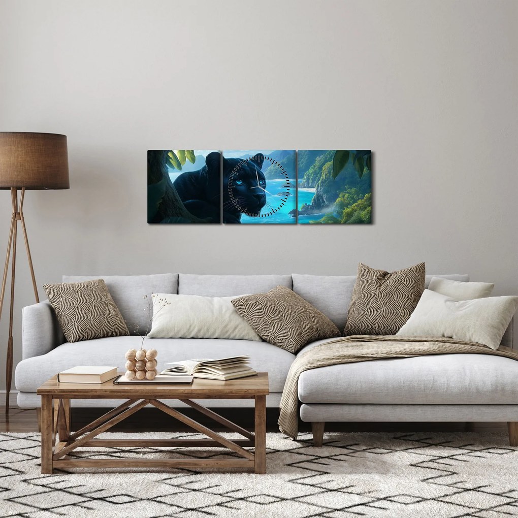 Obraz - Čierny panter v džungli (s hodinami) (90x30 cm)