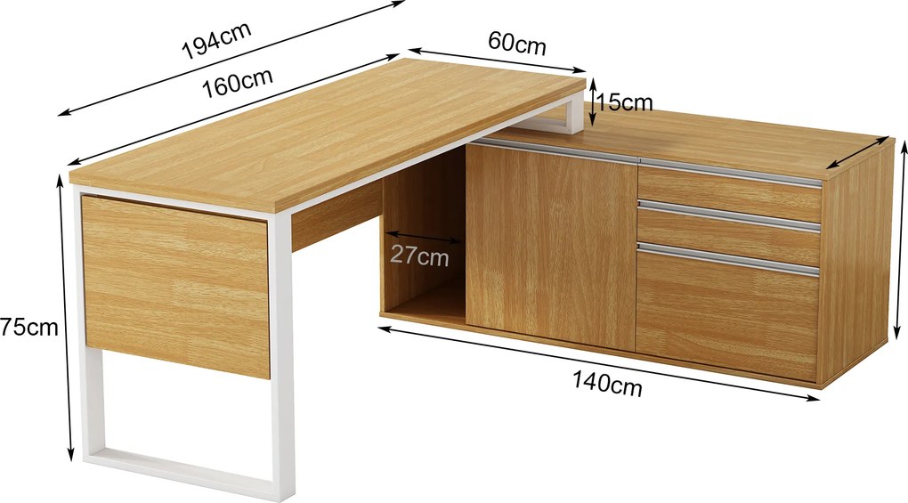 Rohový kancelářský stůl s komodou Houseland Nuvia Home 04 194 cm dub/bílý