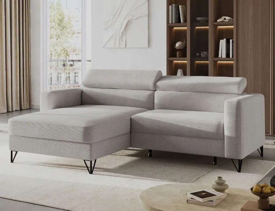 Šedý rohový gauč Otino s úložným priestorom na posteľnú bielizeň je ideálny na každodenné spanie