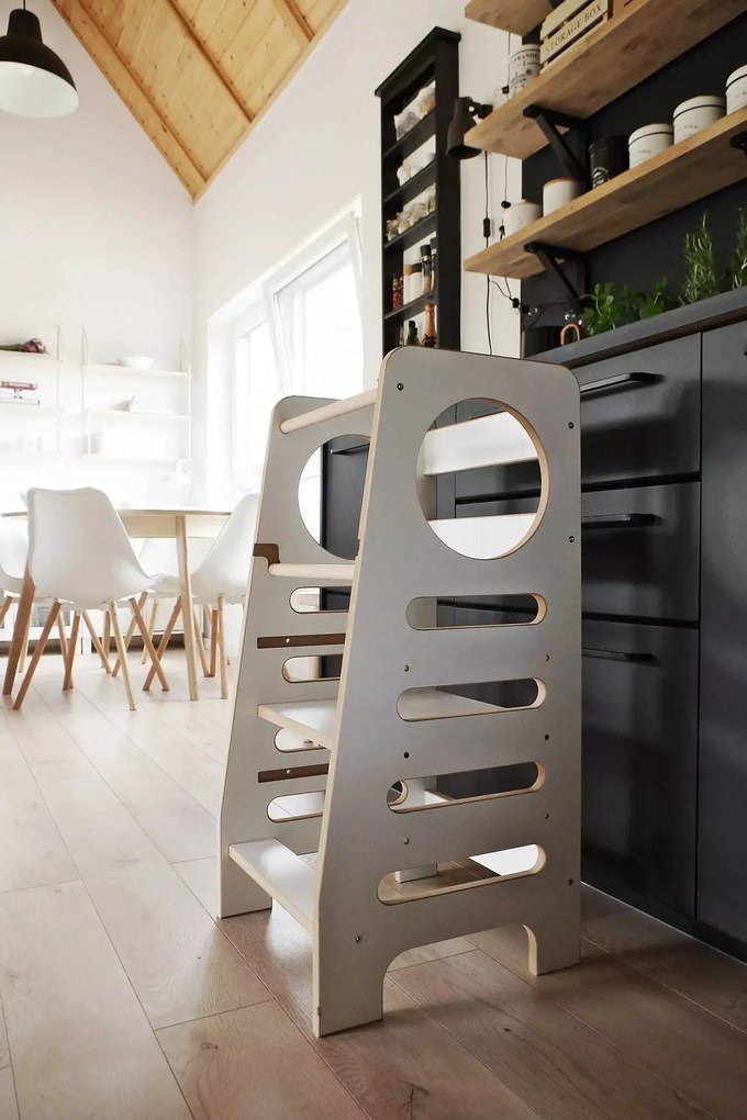 Montessori učiaca detská veža stredná šedá