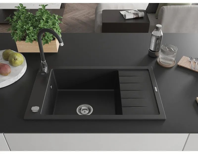 Mexen Elias, 1-komorový granitový drez s odkvapkávačom 80x48 cm a kuchynskou batériou Telma, čierna, 6511-77-670200-70