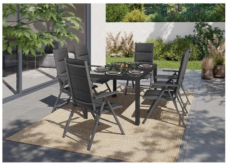 Livarno home Hliníkový záhradný stôl Houston/Toronto, sivý + Hliníkové kreslo Toronto s vysokým operadlom, antracitové, 6 kusov  (800008250)