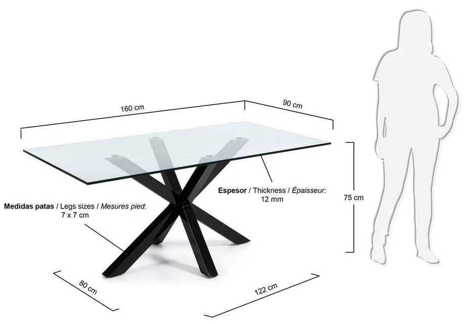 Jedálenský stôl so sklenenou doskou Kave Home s čiernym podnožím, 160 x 90 cm