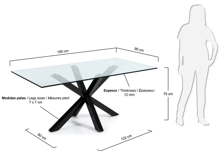 Jedálenský stôl so sklenenou doskou Kave Home s čiernym podnožím, 160 x 90 cm