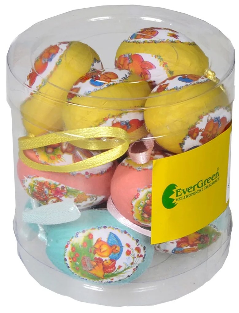 Vajíčka dekorované jarným motívom, závesné na stužke x 12 ks, výška 4 cm