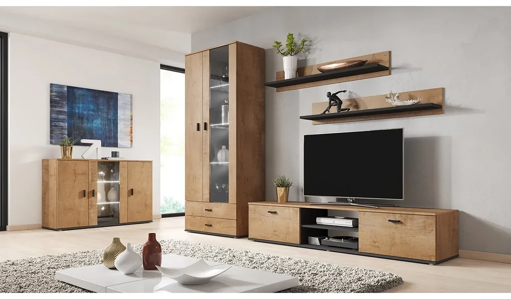 Obývacia stena Boho IX, Osvetlenie: osvetlenie LED modré, Farby: biela / biely lesk