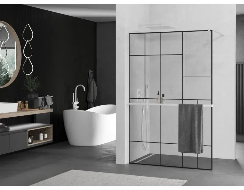 Mexen Kioto+, sprchová zástena Walk-In s poličkou a vešiakom 110 x 200 cm, 8mm číre sklo čierny vzor, biely profil, 800-110-121-20-78