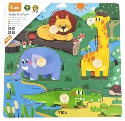 Viga Detské drevené puzzle s úchytmi Viga Divoké zvieratá 4 ks