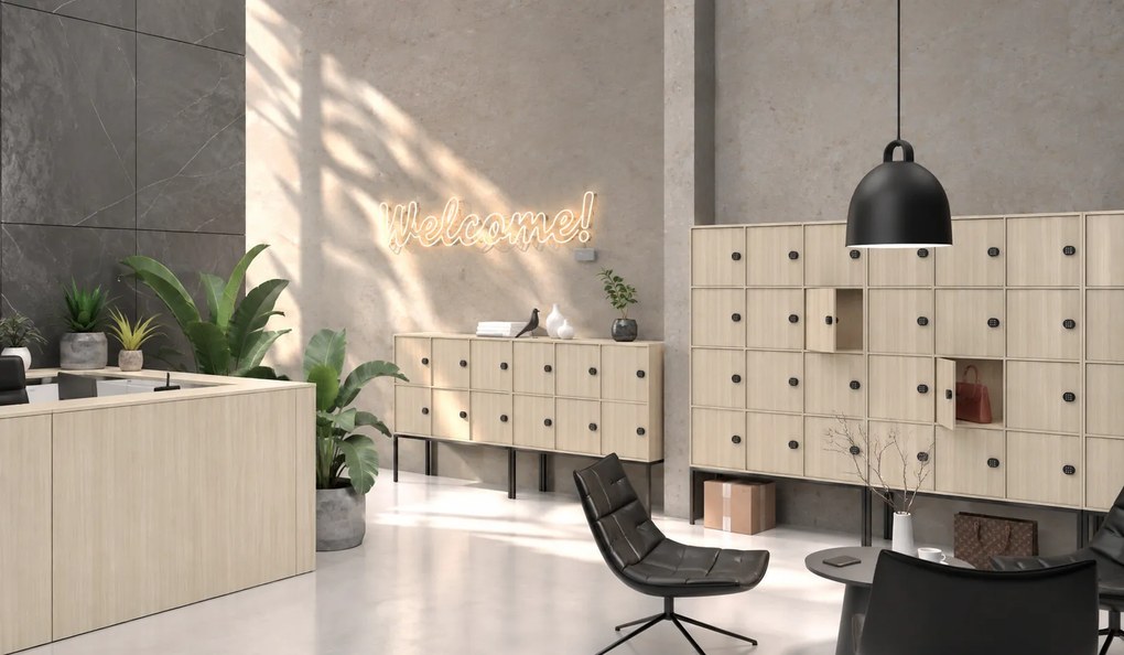 Kancelárska skriňa FRAME, nízka, 6x dvere, 1299 x 450 x 881 mm, kódový zámok, dub prírodný