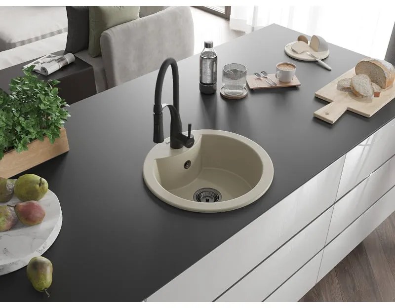 Mexen Diego, 1-komorový granitový drez 488x488x167 mm a drezová batéria Aster, béžová, 6512-69-73450-70-B