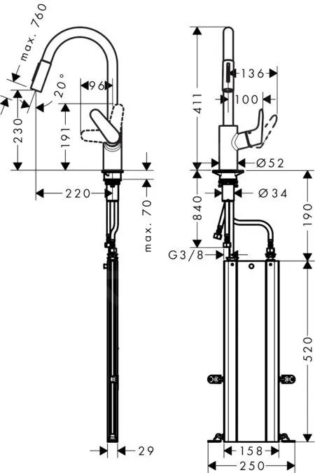 Hansgrohe Focus M41, drezová batéria M4116-H240 s výsuvnou spŕškou, sBOX, chrómová, HAN-73880000