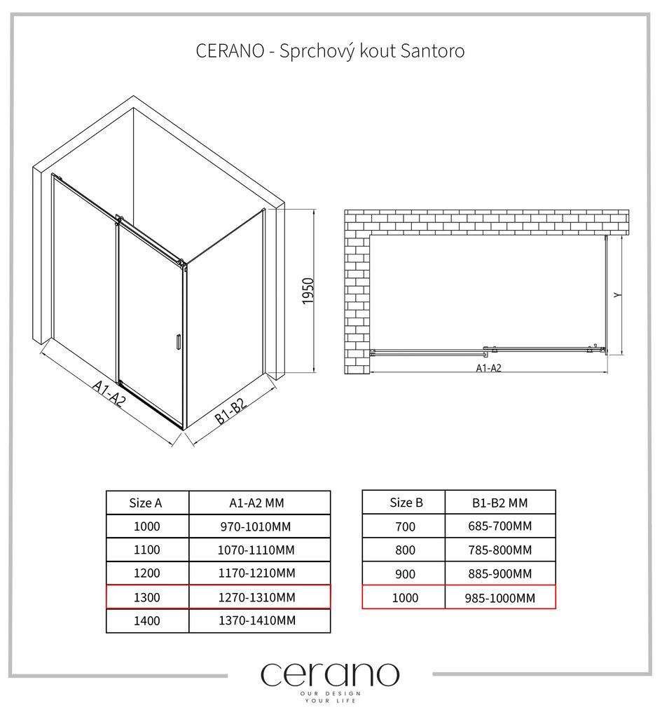 Cerano Lantono, sprchovací kút s posuvnými dverami 130(dvere) x 100(stena) x 195 cm, 8mm číre sklo, čierny profil, CER-CER-431515