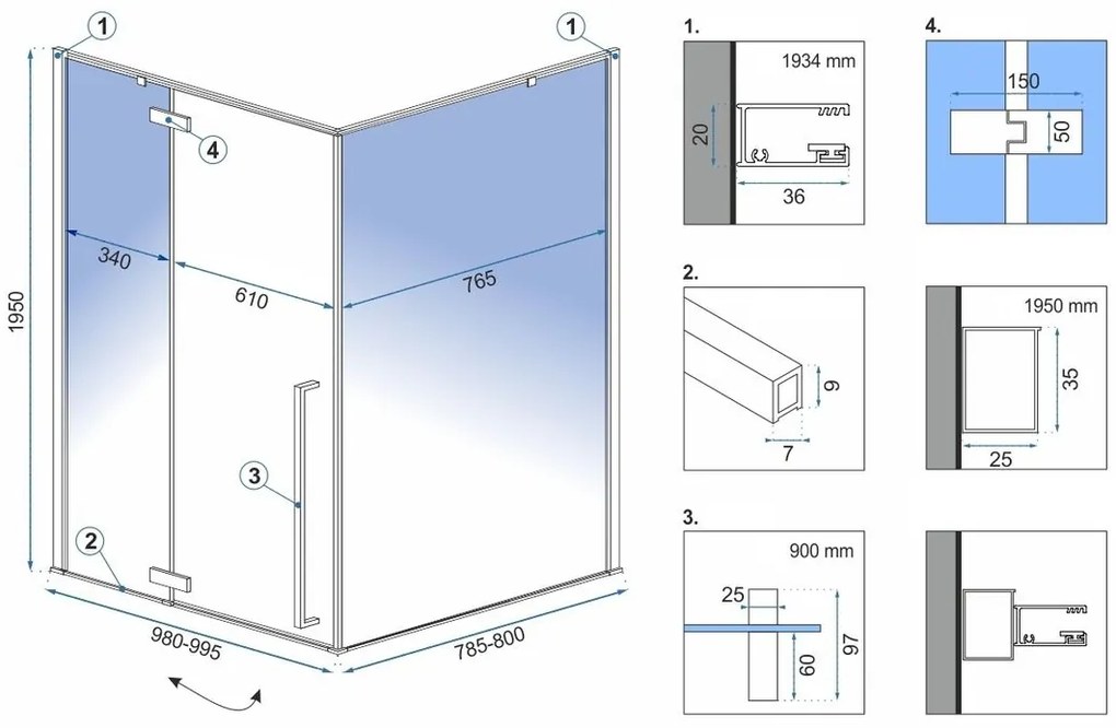 Rea Fargo, sprchový kút s krídlovými dverami 100 (dvere) x 80 (stena) x 195 cm, 6mm číre sklo, čierny profil + čierna sprchová vanička Savoy, KPL-K4909