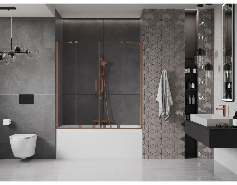 Mexen Velar Duo, 2-krídlová posuvná vaňová zástena 160 x 150 cm, 8mm číre sklo, medený matný profil, 896-160-000-02-65