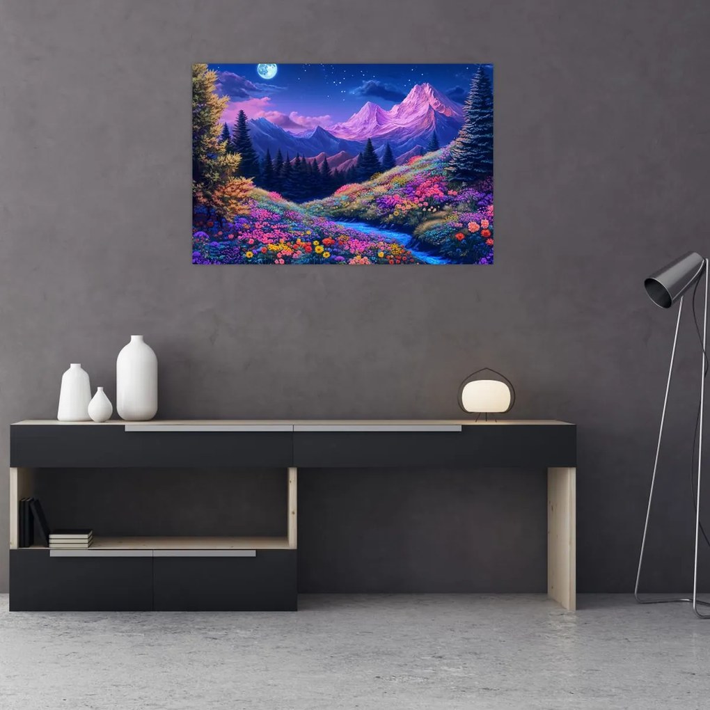 Obraz - Fialová krajina pri úplnku (90x60 cm)