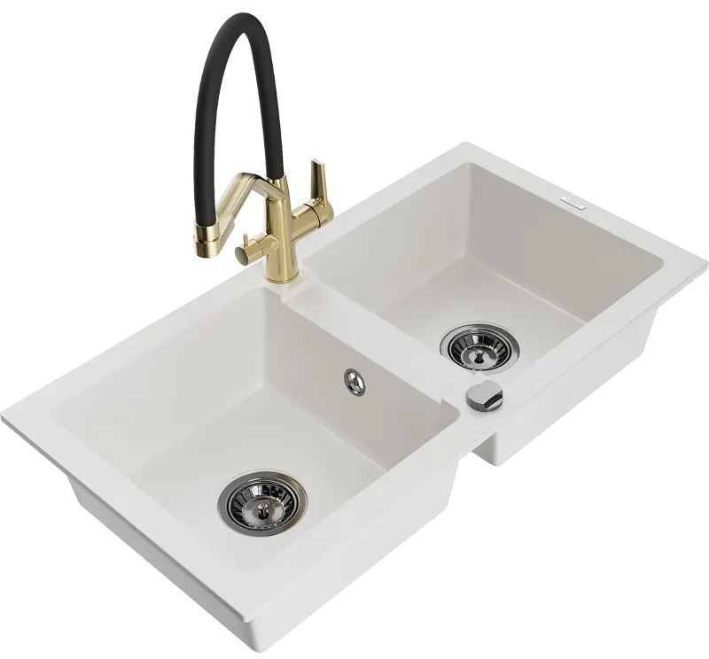 Mexen Mario, granitový drez 820x436x161 mm, 2-komorový a drezová batéria Duo, biela, 6504-20-671701-57-B