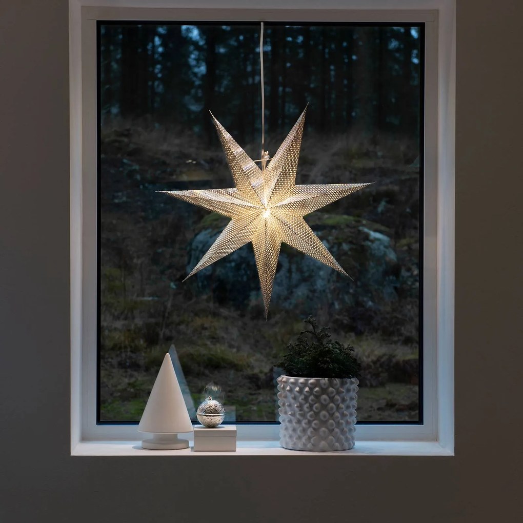 Dekoratívna hviezda z papiera, strieborná, 7–cípa