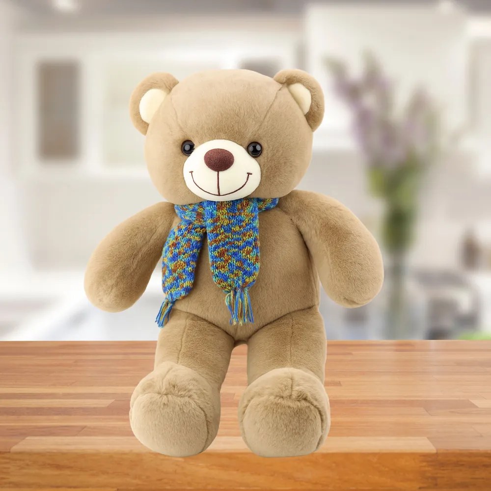 LEAN Toys Plyšový medvedík s farebným vlneným šálom hnedý 55 cm