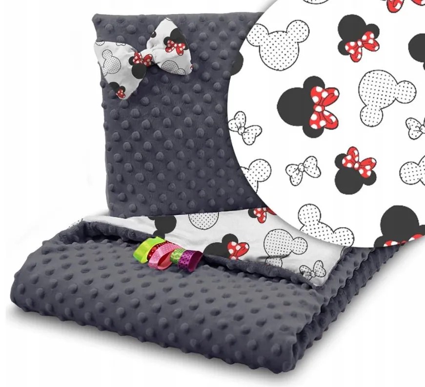 Detská deka do kočíka s vankúšikom a motýlikom - BABYMAM PREMIUM set 3v1 - Myška Minnie s grafitovou minky