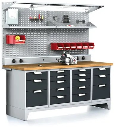 Alfa 3 Dielenský stôl MECHANIC I, perfopanel, polica, el. zásuvky, osvetlenie, 2x 5 a 2x 3 zásuvkový box na náradie, 16 zásuviek, antracit