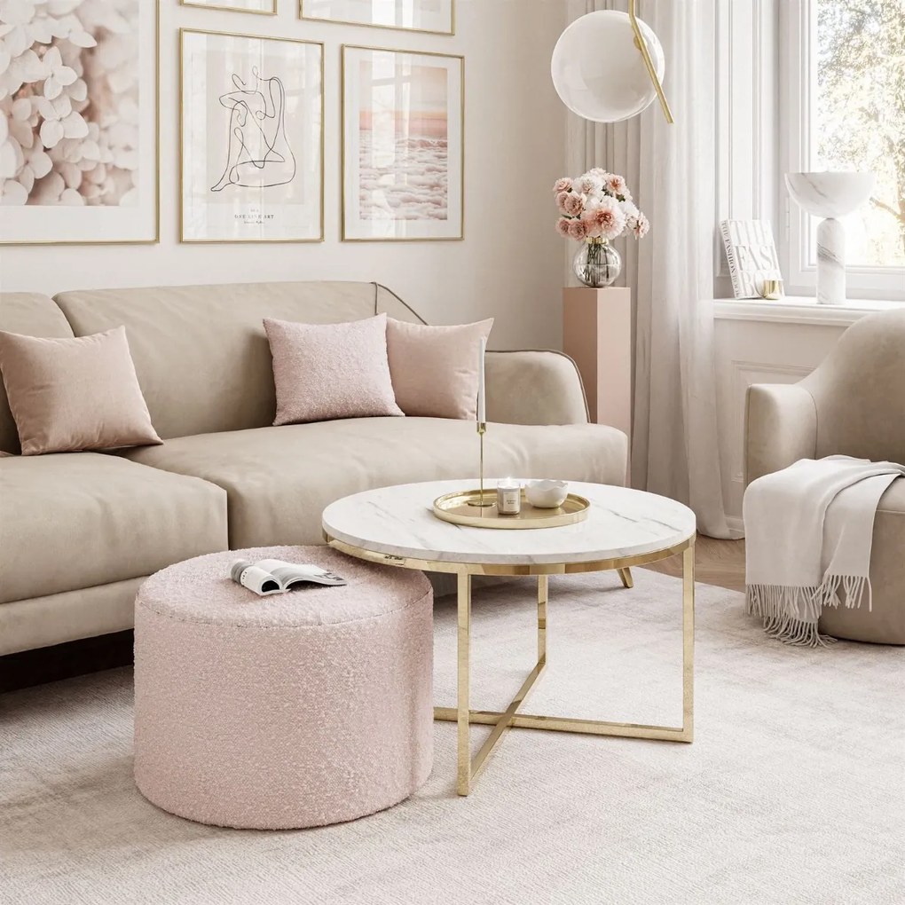 KONFERENČNÝ STOLÍK LEONARDO X BIELY MRAMOR + ZLATÝ + TABURET RUŽOVÝ