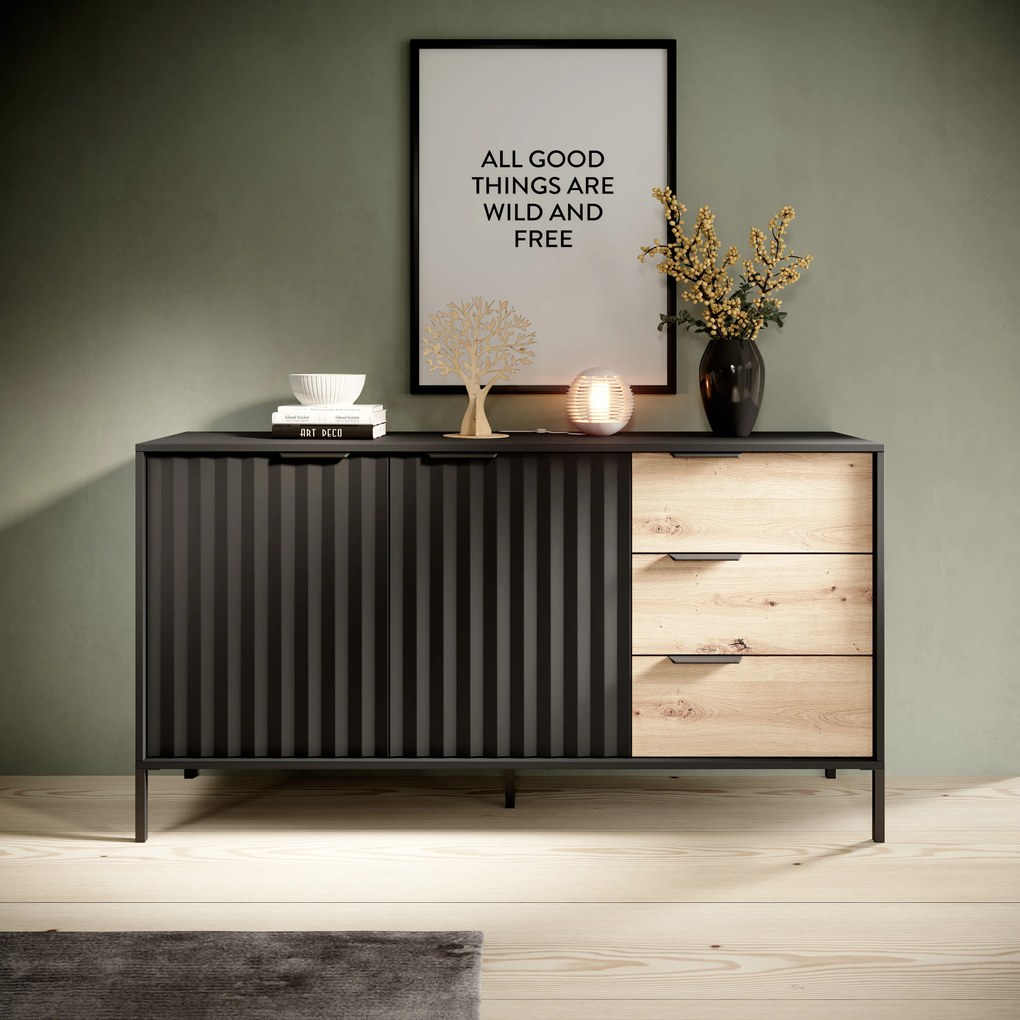 Komoda Rastafa 2D3S (dub artisan + čierna). Akcia -21%. Vlastná spoľahlivá doprava až k Vám domov. 1071379