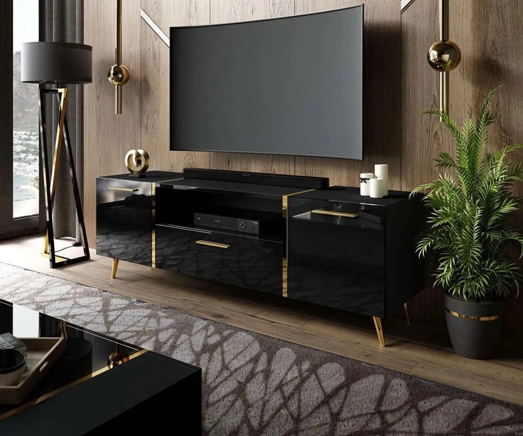 TV STOLÍK SANTINO NA NOŽIČKÁCH ČIERNY LESK / ZLATÝ 158 cm