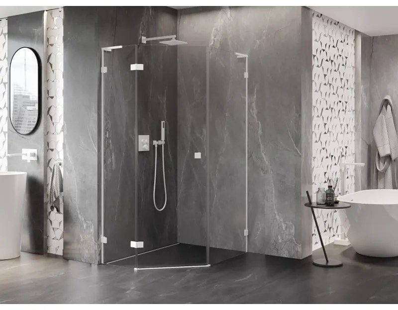 Mexen Lunar, L päťuholníkový sprchový kút naklápací doľava 80 x 90 cm, 8mm číre sklo, biely profil, 831L-080L-090P-20-00-L